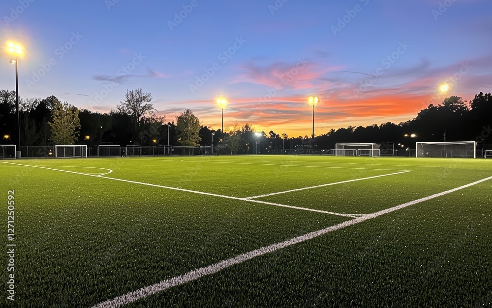 Fototapeta premium A soccer field with bright green grass and freshly painted lines