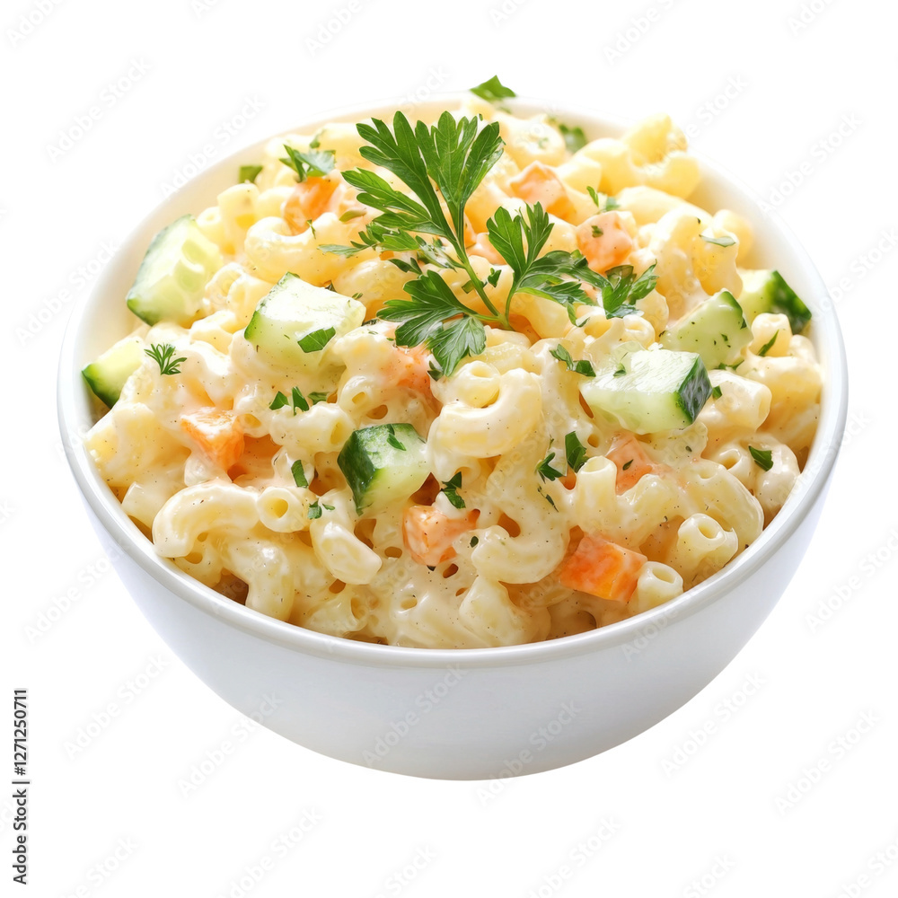 Creamy macaroni salad with vegetables, garnished with parsley, served in white bowl. delicious and refreshing dish perfect for picnics and gatherings Creamy macaroni salad with vegetables, garnished with parsley, served in white bowl. delicious and refreshing dish perfect for picnics and gatherings