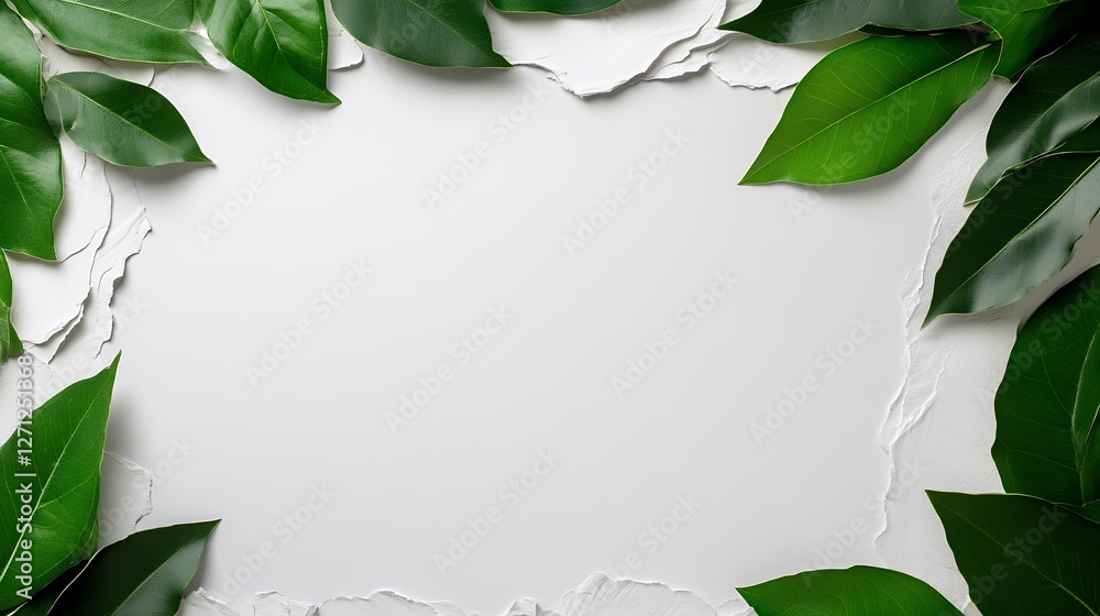 Fototapeta premium Blank Space Surrounded by Lush Green Leaves on Textured Paper Background Ideal for Nature-Themed Designs