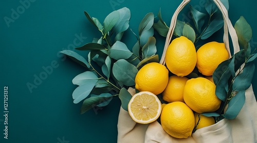 Fresh Lemons in Eco Bag Green Leaves Vibrant Yellow Citrus Fruits Healthy Organic Summer Vitamin C Natural Juicy Ripe Delicious Refreshing Healthy    