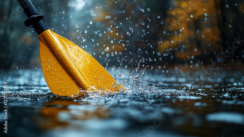 Vibrant yellow paddle creates splashes in serene water scene, surrounded by autumn foliage.