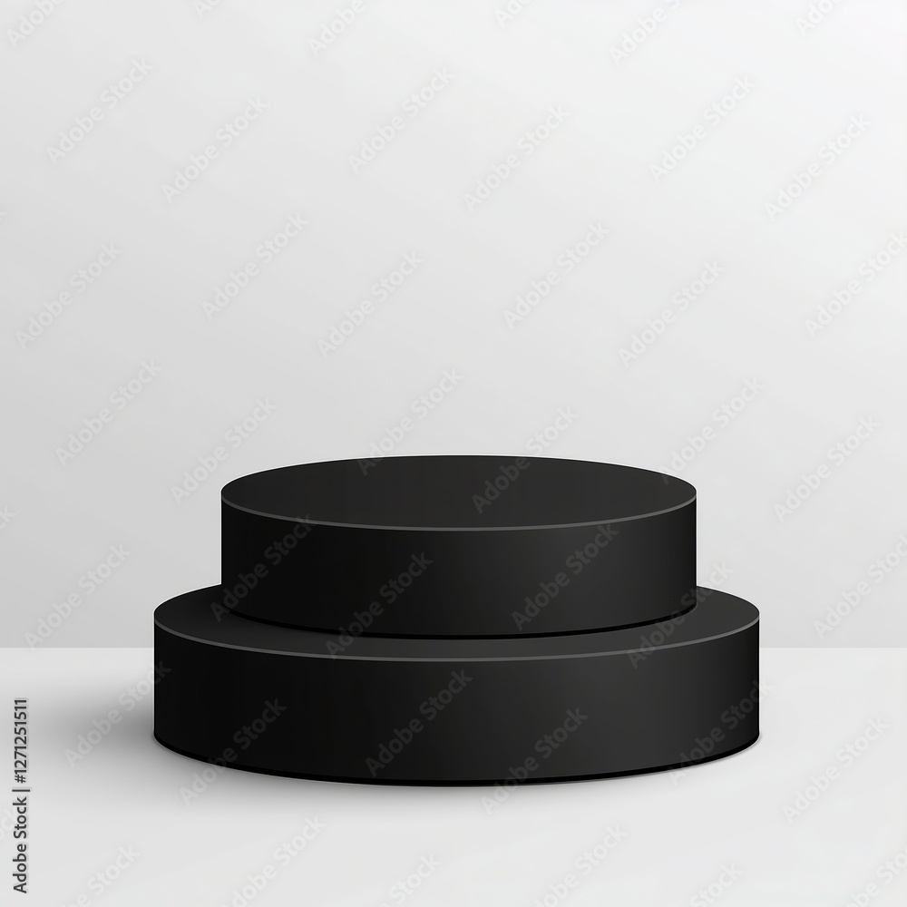 Realistic illustration of a two-tiered black matte podium with smooth edges, subtle shading, and soft shadows, set against a clean white background for a professional and striking design. Realistic illustration of a two-tiered black matte podium with smooth edges, subtle shading, and soft shadows, set against a clean white background for a professional and striking design.
