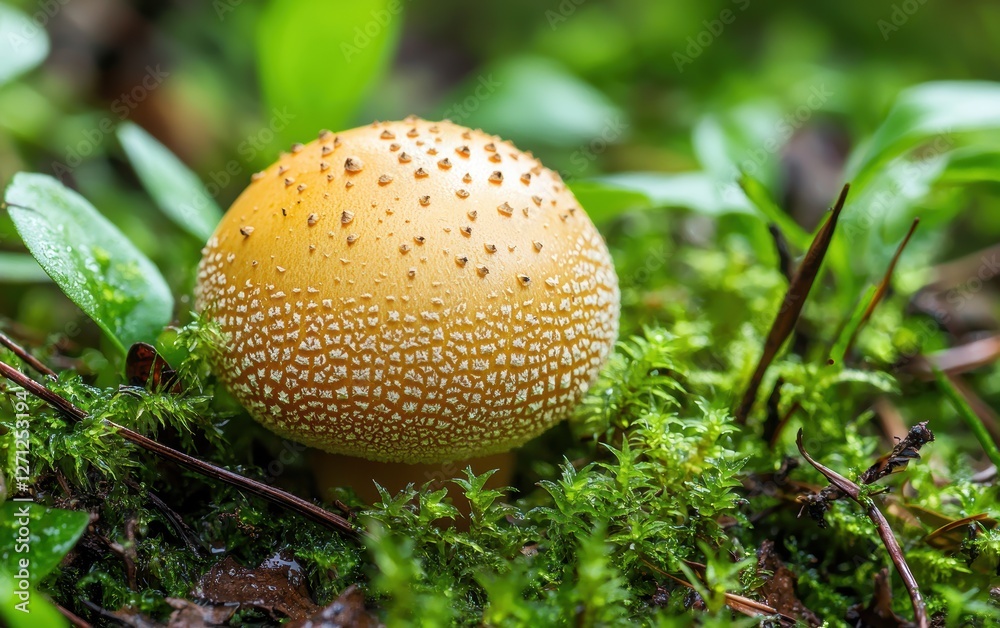 A tiny mushroom emerging from mossy ground A tiny mushroom emerging from mossy ground