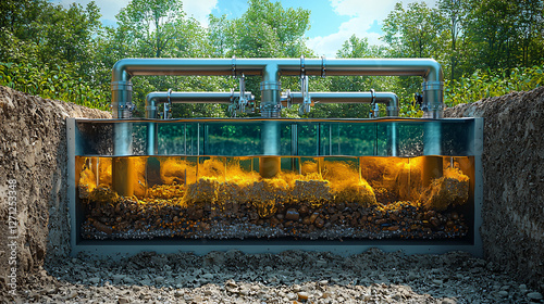 A transparent cross-section of a biogas digester, illustrating the decomposition process of organic waste into methane. photo