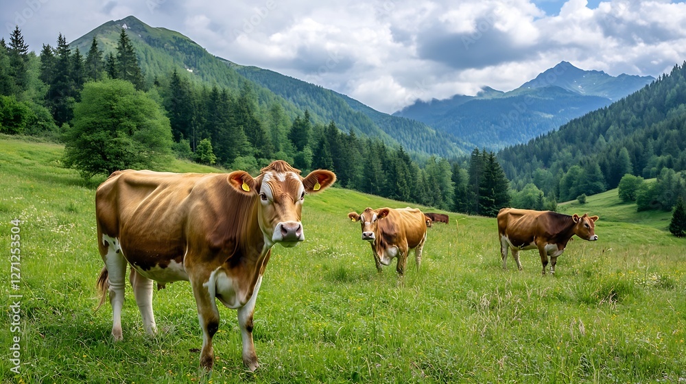 Serene Pastoral Scene with Brown Cows Grazing in Lush Green Alpine Meadow under a Bright Blue Sky : Generative AI Serene Pastoral Scene with Brown Cows Grazing in Lush Green Alpine Meadow under a Bright Blue Sky : Generative AI