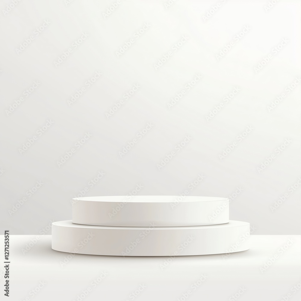 Two-tiered white matte podium with smooth, rounded edges, polished surfaces, subtle shading, and highlights, set against a clean white background for a professional, high-quality design. Two-tiered white matte podium with smooth, rounded edges, polished surfaces, subtle shading, and highlights, set against a clean white background for a professional, high-quality design.