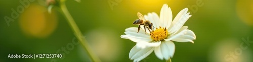 White flower with a single honey bee landing on its delicate petals, honey bee, insect, yellow