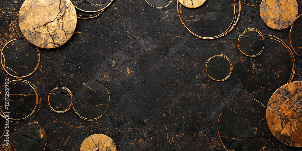 Naklejka premium Abstract black and gold circles on black grunge background 