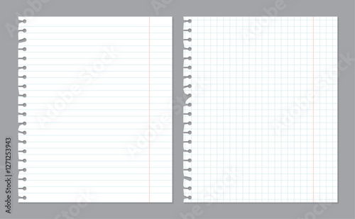 Realistic notebook paper sheets with damaged border. Blank spages of squared and lined paper isolated on gray background. Abstract concept graphic vector elements