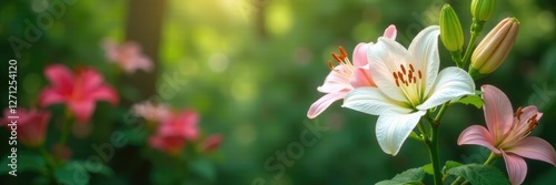 White lily flowers and pink daylilies growing among foliage on a tree branch, pink, lilies