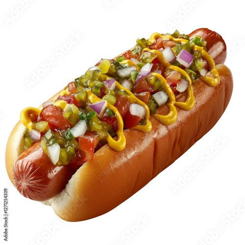 Delicious hot dog topped with mustard, relish, onions, and tomatoes, served in soft bun, perfect for summer barbecue or picnic
