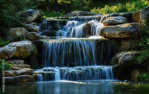 A waterfall with multiple streams, flowing into a serene lake