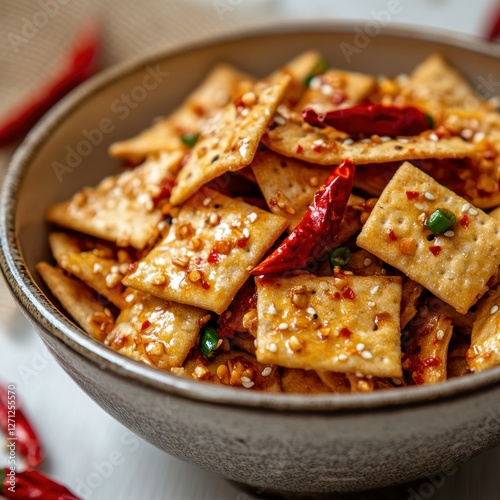 Spicy crackers in bowl with chili peppers, close-up