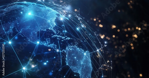 Global network connections illuminate the Earth. Blue digital lines highlight the interconnectedness and communication across continents.