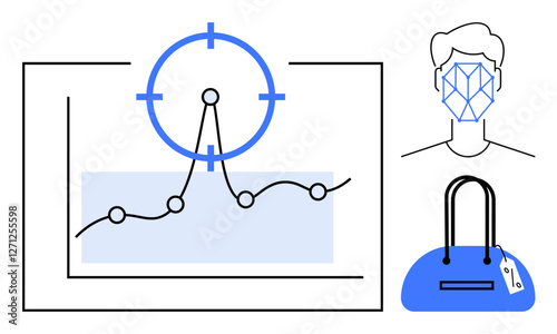 Graph with trend lines and a target icon, human face with facial recognition grid, blue handbag with a price tag. Ideal for technology, retail, marketing, security, trends, data analysis