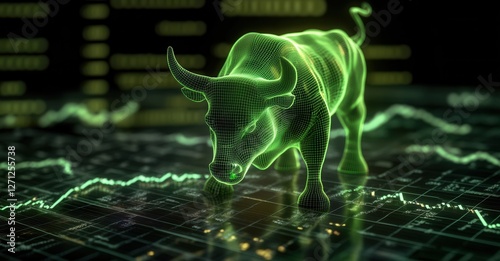 Green Bull wireframe on a digital chart. Symbolizes market growth, investment, finance, and the upward trend of stock prices. 130 characters
