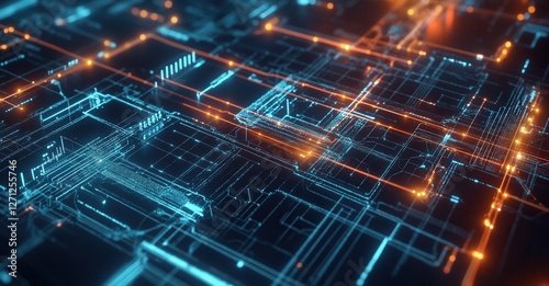 Abstract technology circuit board glowing with blue and orange lines depicting data flow and connectivity. Futuristic computing concept.