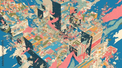 Abstract city landscape, vibrant colors, chaotic architecture, design background
