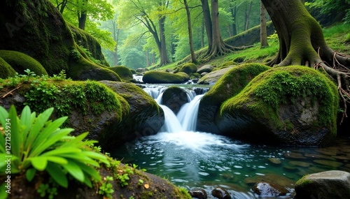 Moss and ferns on rocks surrounding small waterfalls, landscape, rock