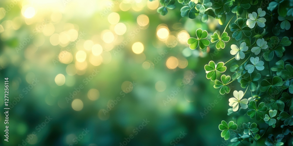 Obraz premium Happy St. Patrickâ€™s Day Background, A dreamy blend of shamrock leaves scattered across a soft green gradient, with blurred golden bokeh shining in the background. 
