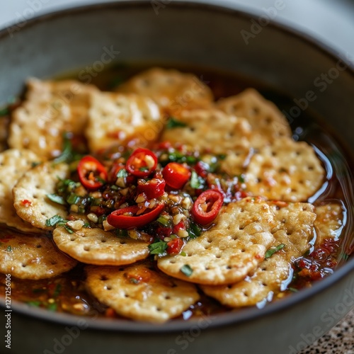 Spicy crackers in bowl, arranged in flower shape, with chili sauce, close-up photo