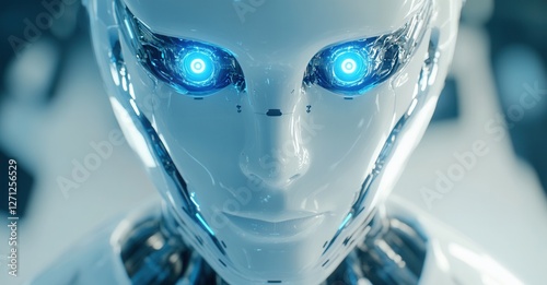Futuristic humanoid face with luminous blue eyes. Cybernetic being with smooth white skin, embodying the fusion of technology and humanity.