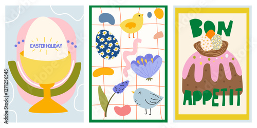 Set of Happy Easter greeting cards in modern style. Abstract Easter retro poster with Easter cake, eggs, chicken, flowers. Trendy editable vector template for poster, banner, social media post