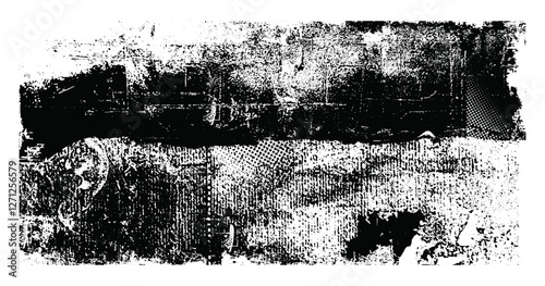 Glitch distorted grunge texture with halftone dots and vintage frame.