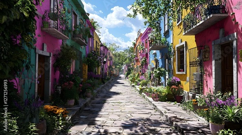 Vibrant Colorful Street with Flower-Lined Cobblestone Path