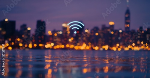 A mesmerizing cityscape at dusk, illuminated by bright lights, with a glowing wifi symbol indicating connectivity across the skyline.