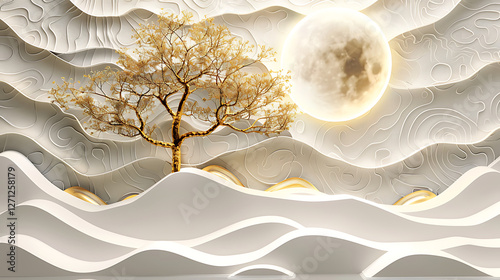 3D mural wallpaper with a dark blue background. golden tree, and white moon. wavy line shapes in a modern background. for interior home decor