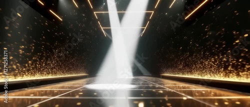  Empty Stage with Spotlights and Golden Glitter - 4K Animation. Black and Gold Background for Award Ceremony, Fashion Show, Product Presentation, or Concert. Video Footage for Events and Entertainment