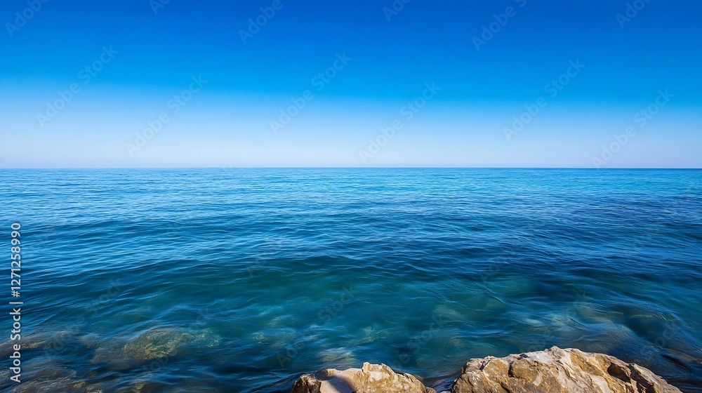 Obraz premium Tranquil view of calm blue ocean waves lapping against rocky shore under clear blue sky : Generative AI