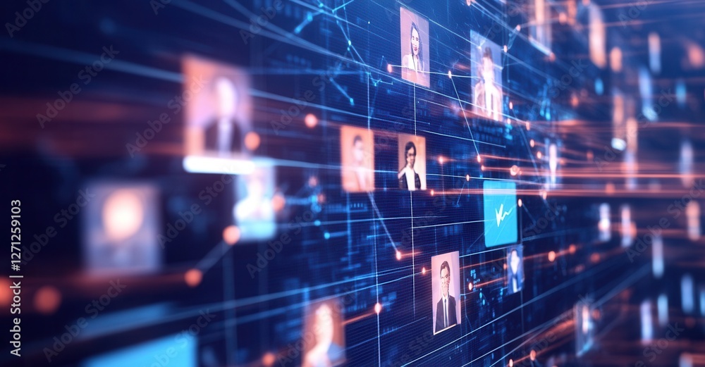 Digital Network of People: Connecting faces through a sophisticated technological interface and vibrant light particles to build a system. Digital Network of People: Connecting faces through a sophisticated technological interface and vibrant light particles to build a system.