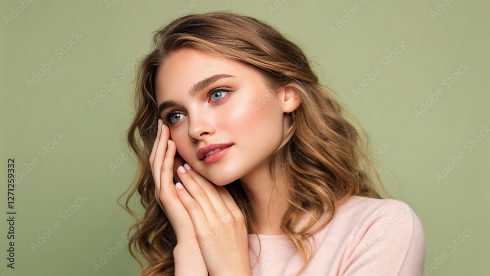 a portrait of a beautiful young woman with wavy hair, soft makeup, and a serene expression against a muted green background a portrait of a beautiful young woman with wavy hair, soft makeup, and a serene expression against a muted green background