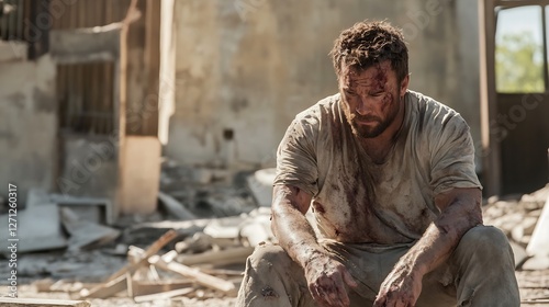 Resilient man sitting on rubble with dirt on his face showcasing strength in adversity : Generative AI
