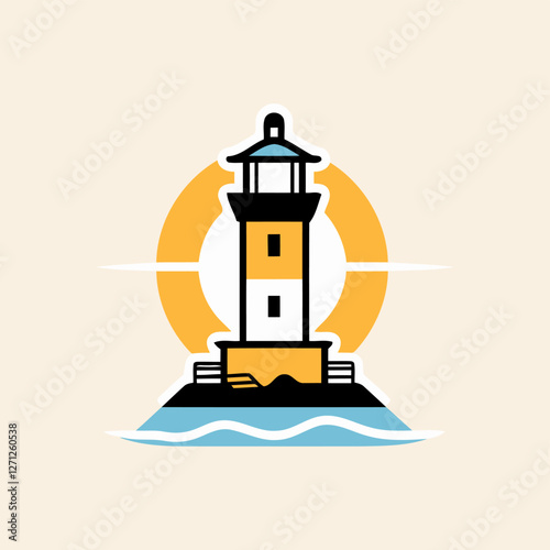 A lighthouse stands tall in the ocean, illuminated by the warm glow of the sun in the background. 