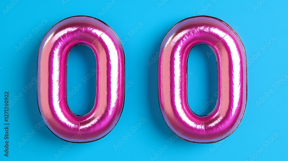 Bright Pink Shiny Balloons Displaying Number Zero on Vibrant Blue Background Bright Pink Shiny Balloons Displaying Number Zero on Vibrant Blue Background