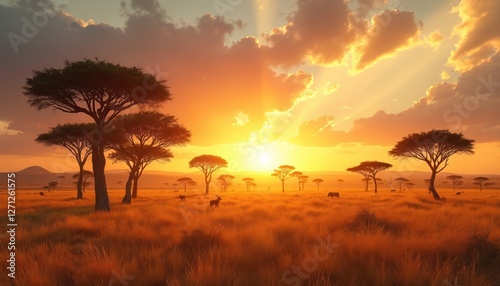 Fototapeta Naklejka Na Ścianę i Meble -  Golden sunset over vast African savanna with acacia trees. Long shadows cast on dry grass. Animals graze in setting sun light. Warm vibrant scenery, tranquil serene landscape.