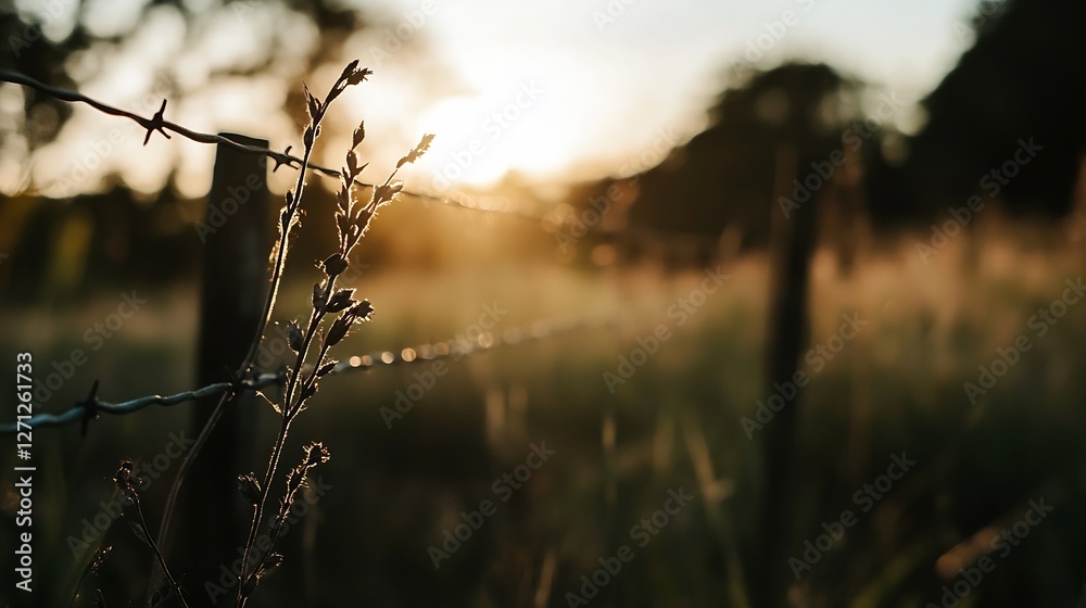 Beautiful sunset over a serene field with barbed wire and dewcovered grass : Generative AI Beautiful sunset over a serene field with barbed wire and dewcovered grass : Generative AI