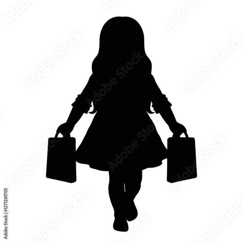 A baby girl, running and holding shopping bags silhouette