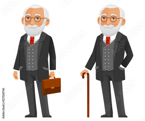 funny cartoon illustration of a senior man in elegant black suit, holding a briefcase or a walking stick. Isolated on white.