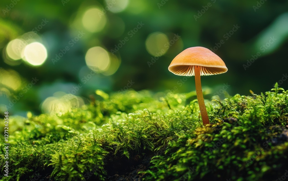 Tiny mushroom growing on moss-covered ground Tiny mushroom growing on moss-covered ground
