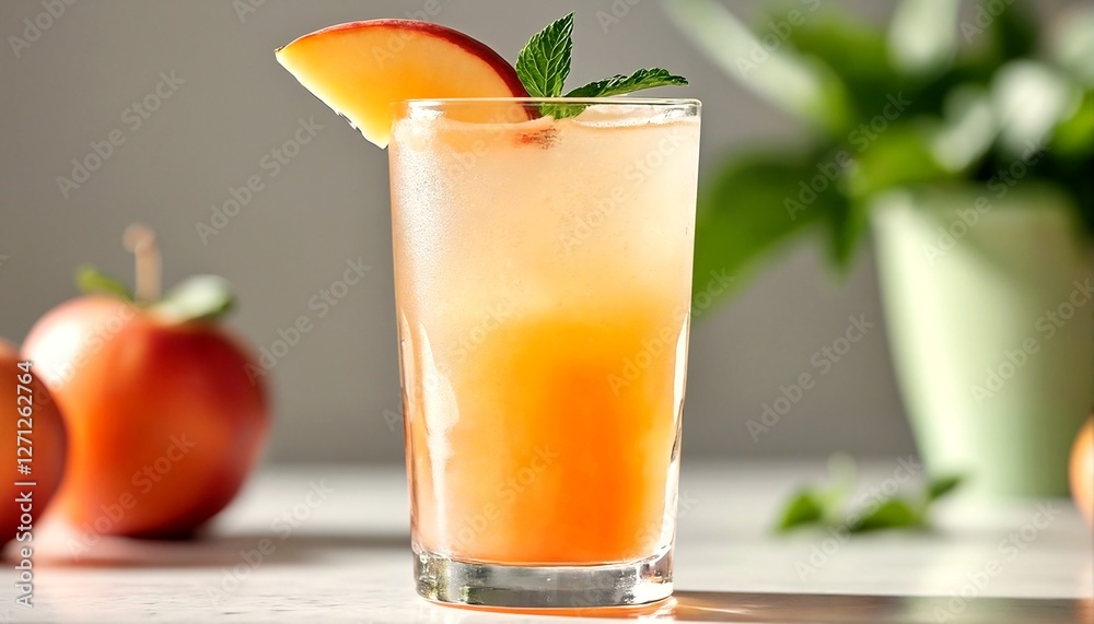 Fototapeta premium A peach cocktail garnished with fresh mint leaves.
