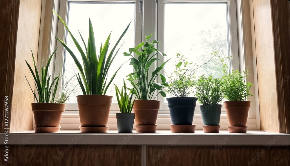 The image shows a window sill with several potted plants sitting on it. The image shows a window sill with several potted plants sitting on it.