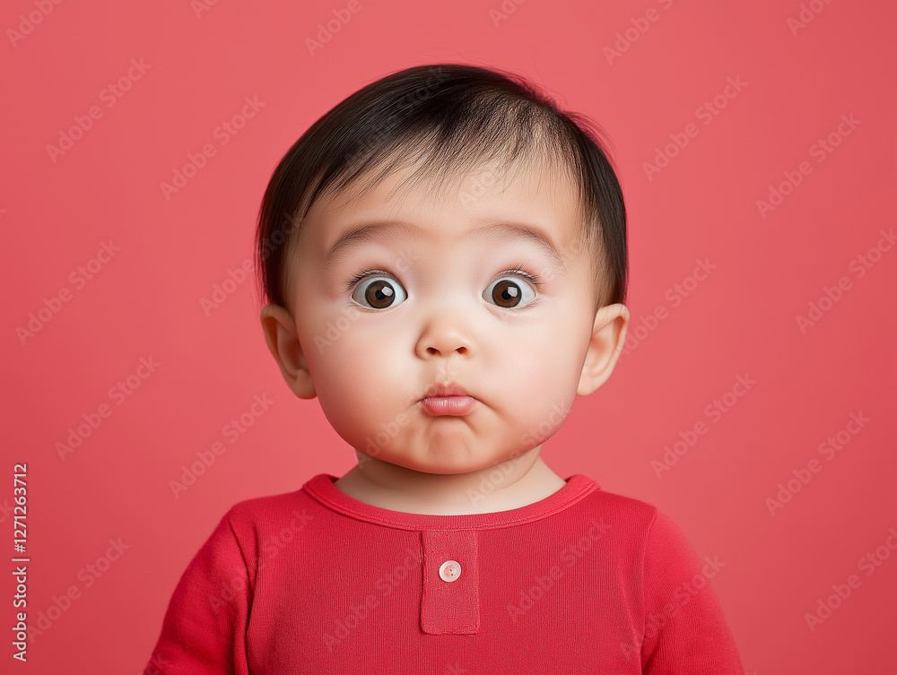 studio portrait of worried young Asian child isolated on red background studio portrait of worried young Asian child isolated on red background