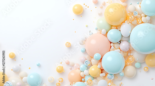 Pastel Spheres and Bubbles Playful Arrangement on White Backdrop Contemporary Visual 3D Rendering