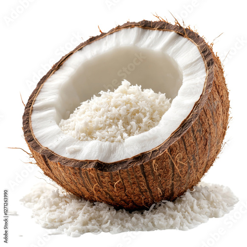 Fresh coconut with shredded coconut inside and on surface