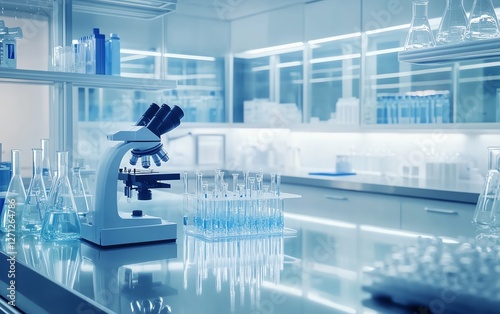 Empty chemistry science laboratory interior with medical research equipment and microscope