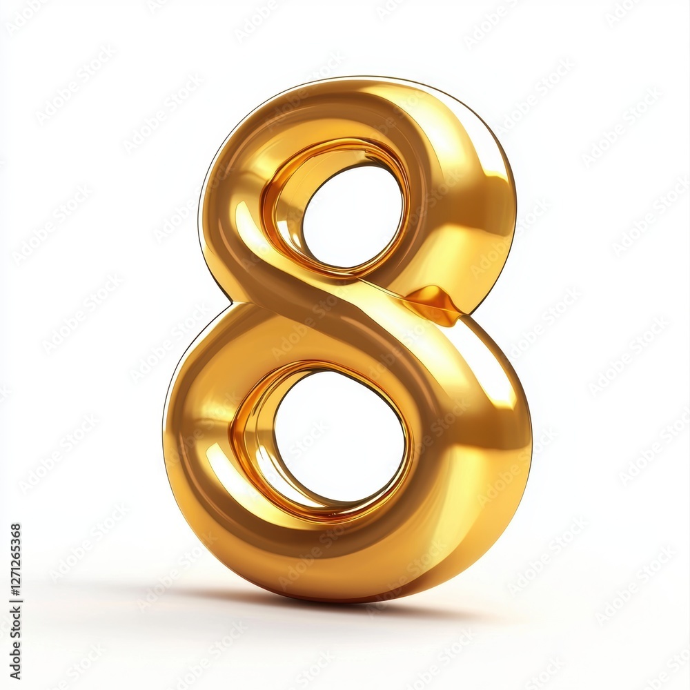 Golden number 8 with a shiny reflective surface for 8 March International Womens Day isolated on white Golden number 8 with a shiny reflective surface for 8 March International Womens Day isolated on white